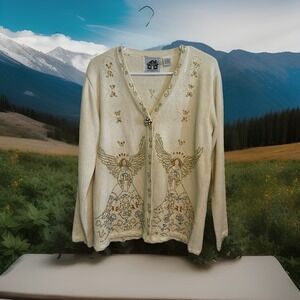 Storybook Knits Women's Vintage Angel Holiday Christmas Cardigan Sweater Size S